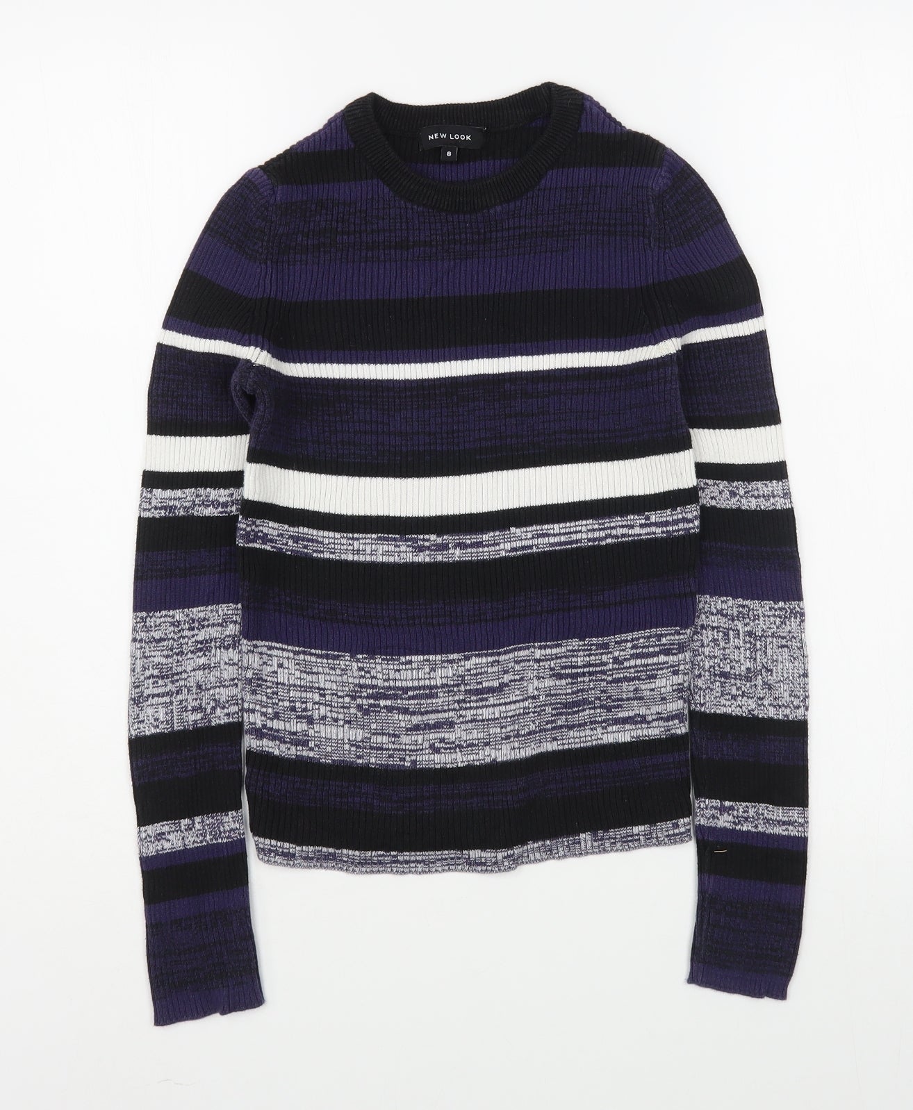 New Look Womens Blue Round Neck Striped Cotton Pullover Jumper Size 8