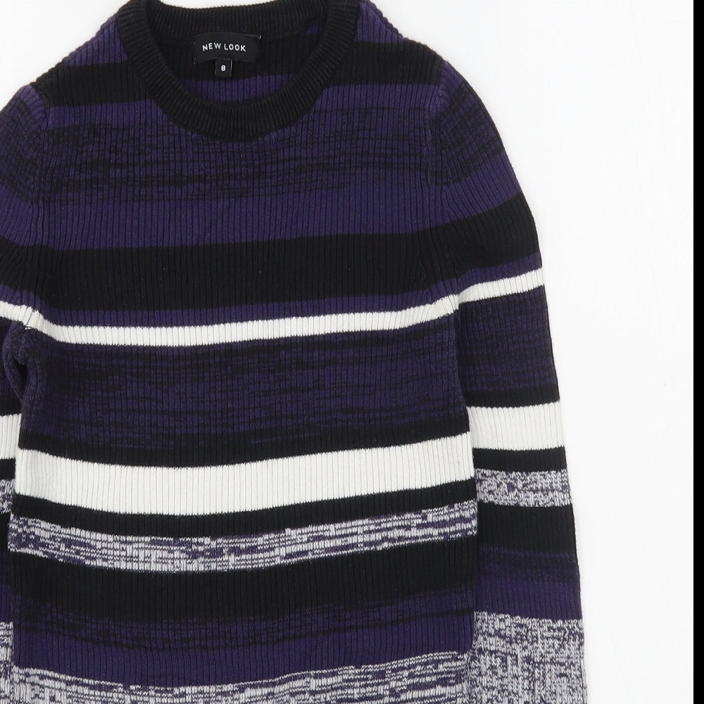 New Look Womens Blue Round Neck Striped Cotton Pullover Jumper Size 8