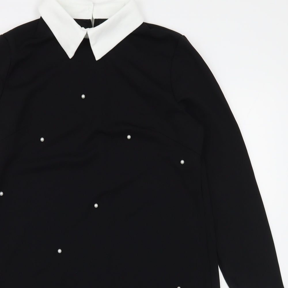 SheIn Womens Black  Polyester A-Line  Size L  Collared Button