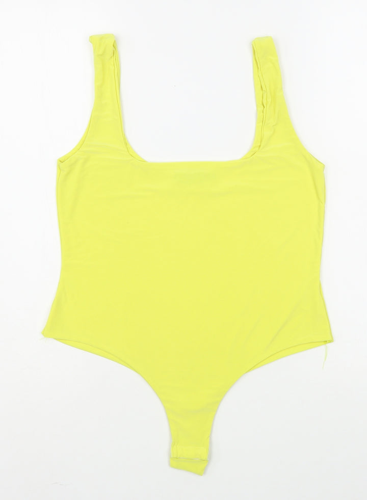 PRETTYLITTLETHING Womens Yellow Polyester Bodysuit One-Piece Size 14 Button