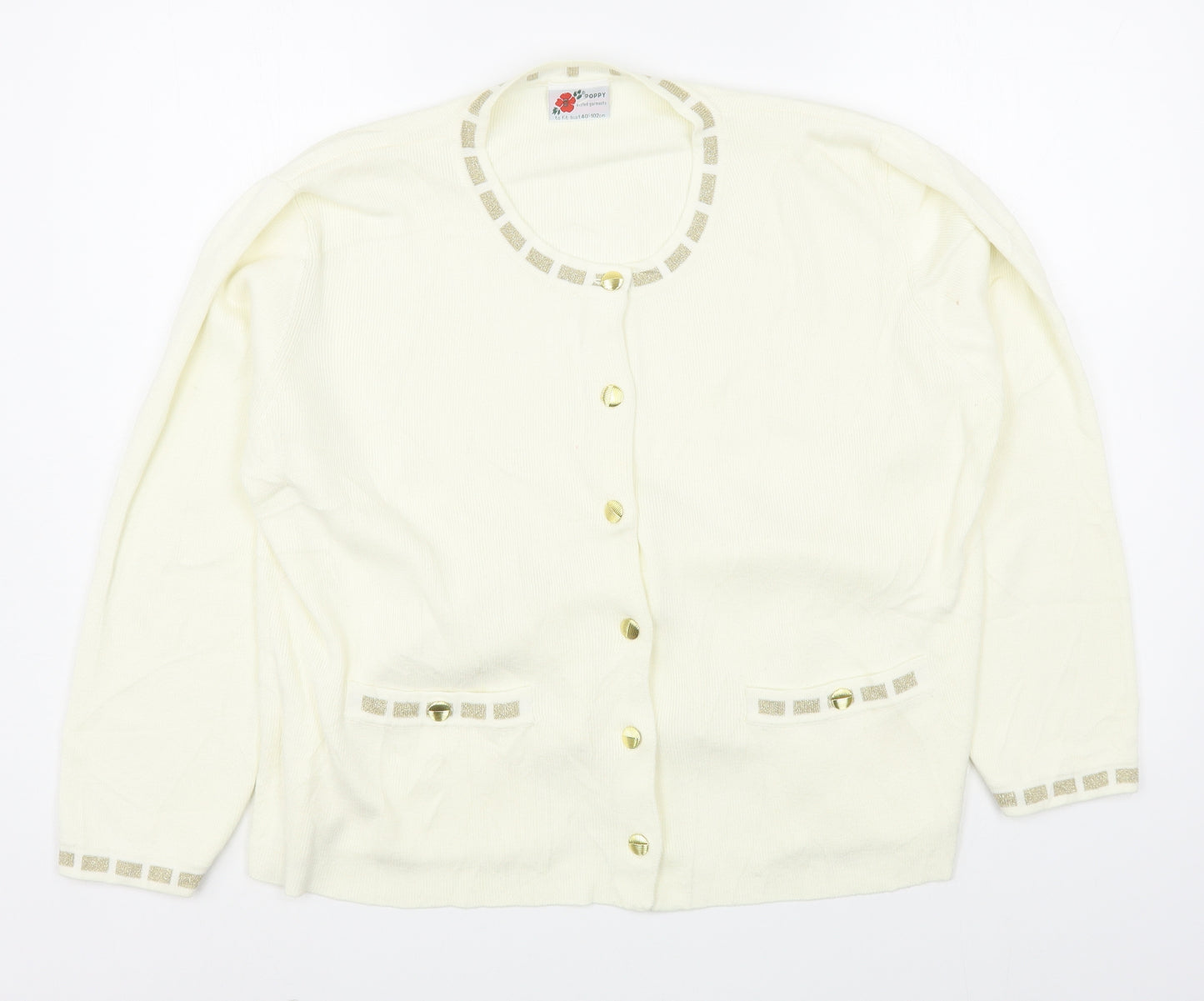 Poppy Style garments Womens Ivory Round Neck  Acrylic Cardigan Jumper Size M