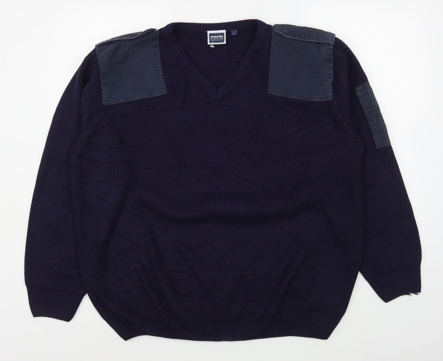 Ensemble Clothing Mens Blue V-Neck  Acrylic Pullover Jumper Size L