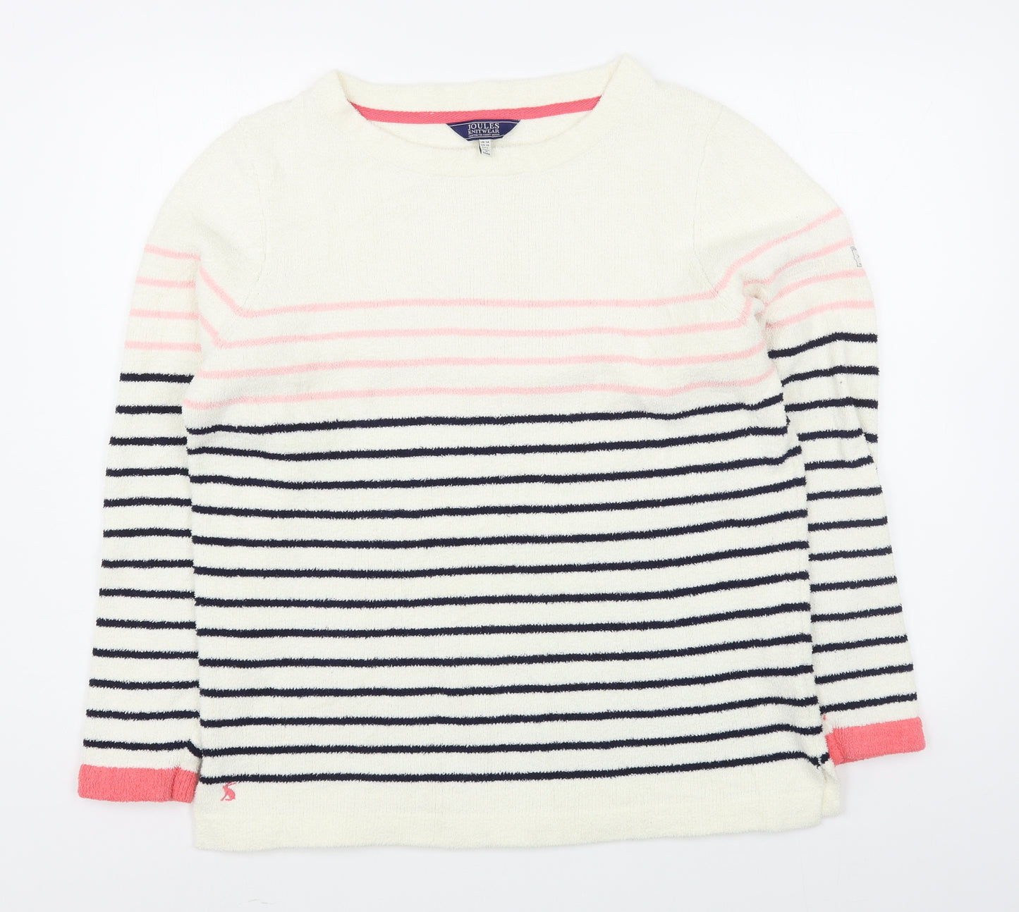 Joules Womens White Round Neck Striped Polyester Pullover Jumper Size 14