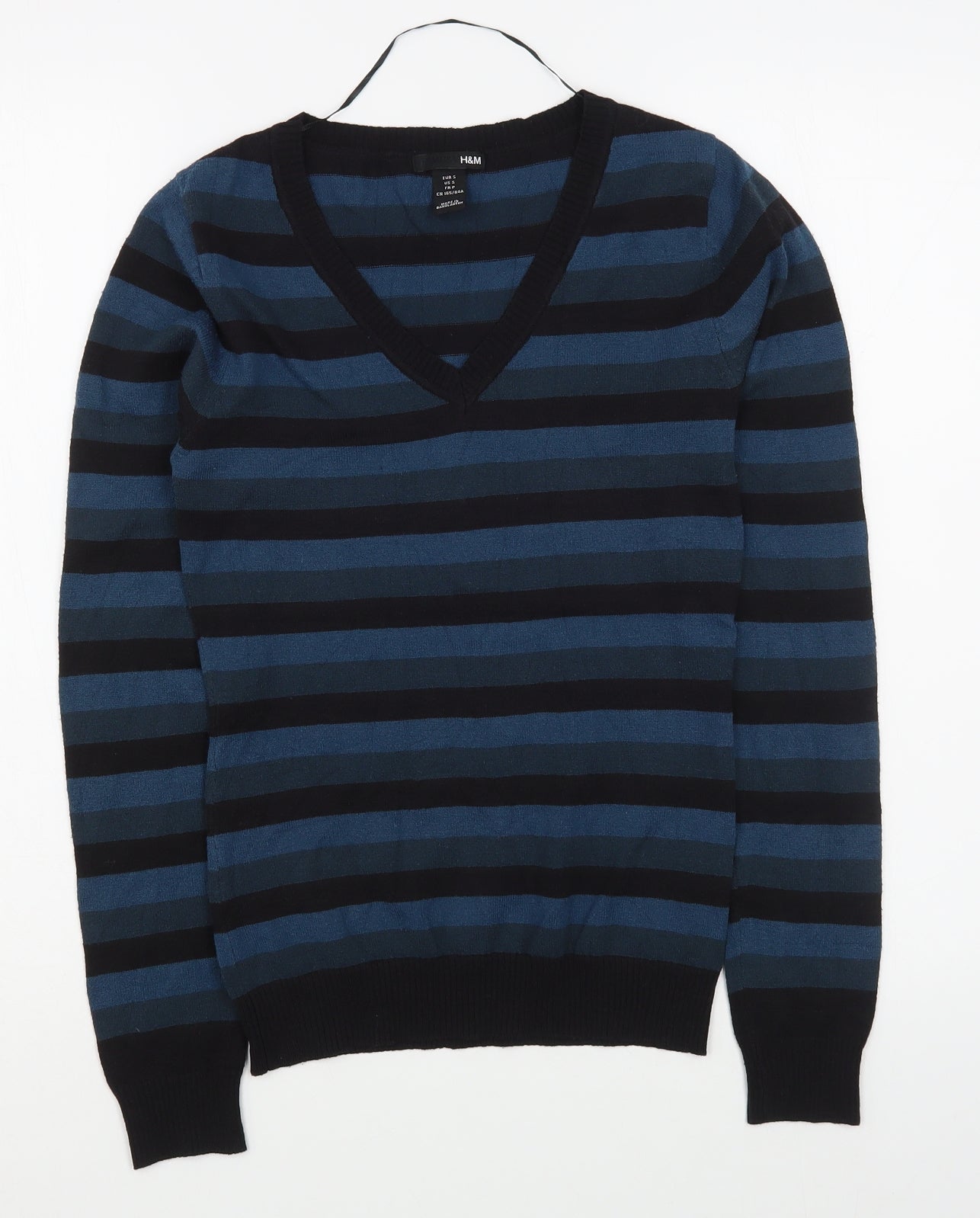 H&M Mens Blue V-Neck Striped Acrylic Pullover Jumper Size S