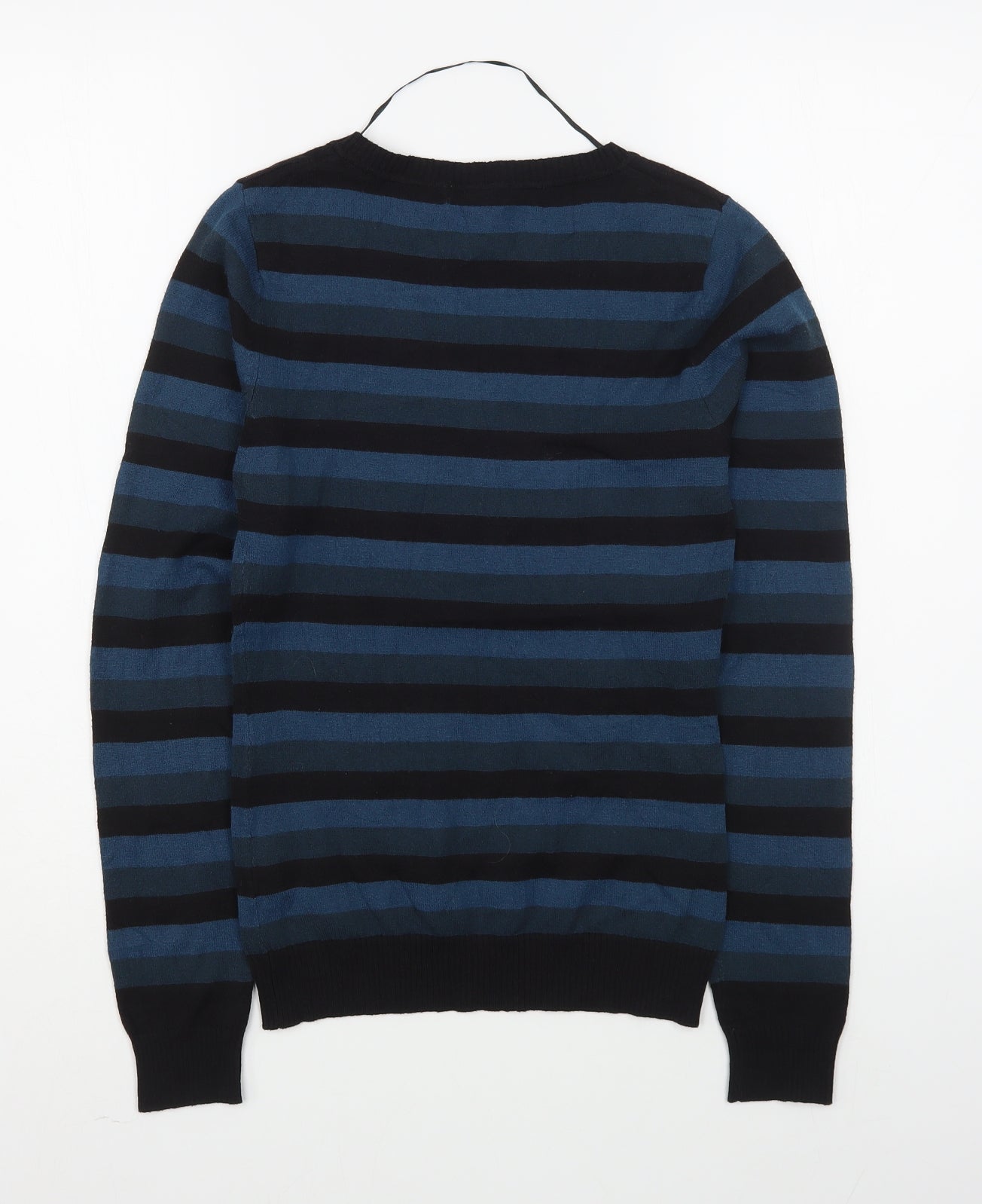 H&M Mens Blue V-Neck Striped Acrylic Pullover Jumper Size S