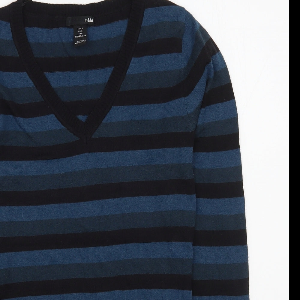 H&M Mens Blue V-Neck Striped Acrylic Pullover Jumper Size S