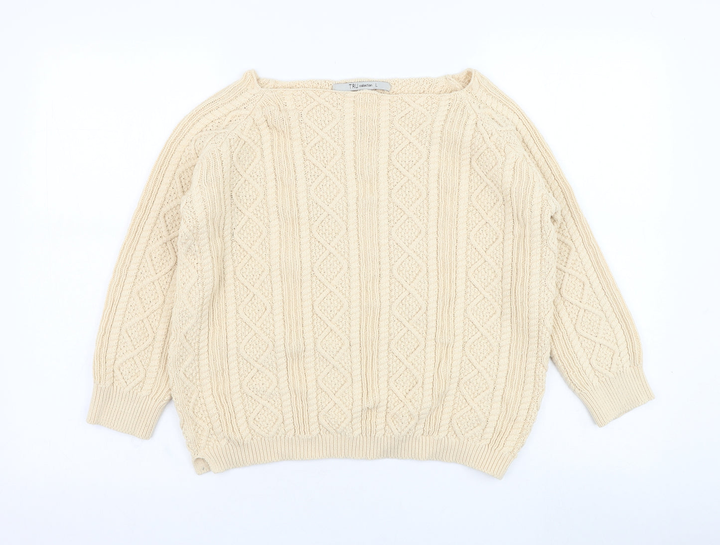 Tru Womens Beige Round Neck  Cotton Pullover Jumper Size L
