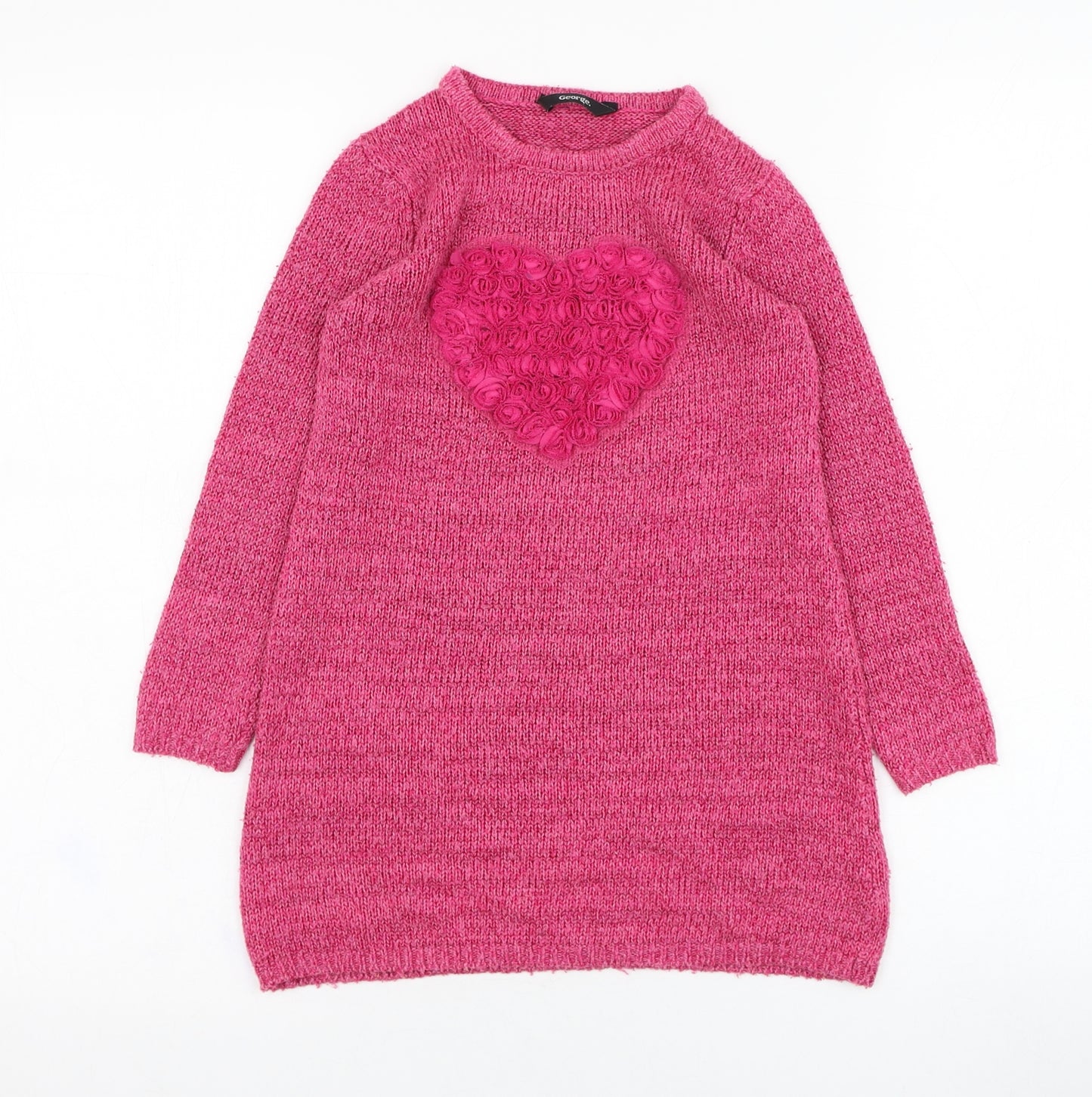 George Girls Pink Round Neck  Acrylic Pullover Jumper Size 5-6 Years  Pullover - Heart