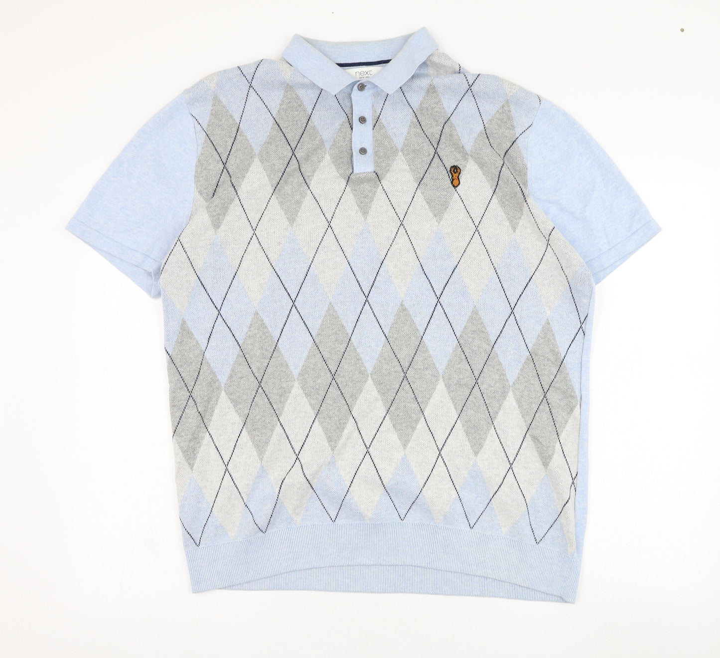 NEXT Mens Blue Argyle/Diamond Cotton  Polo Size XL Collared Pullover