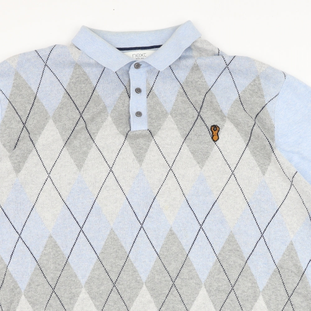 NEXT Mens Blue Argyle/Diamond Cotton  Polo Size XL Collared Pullover