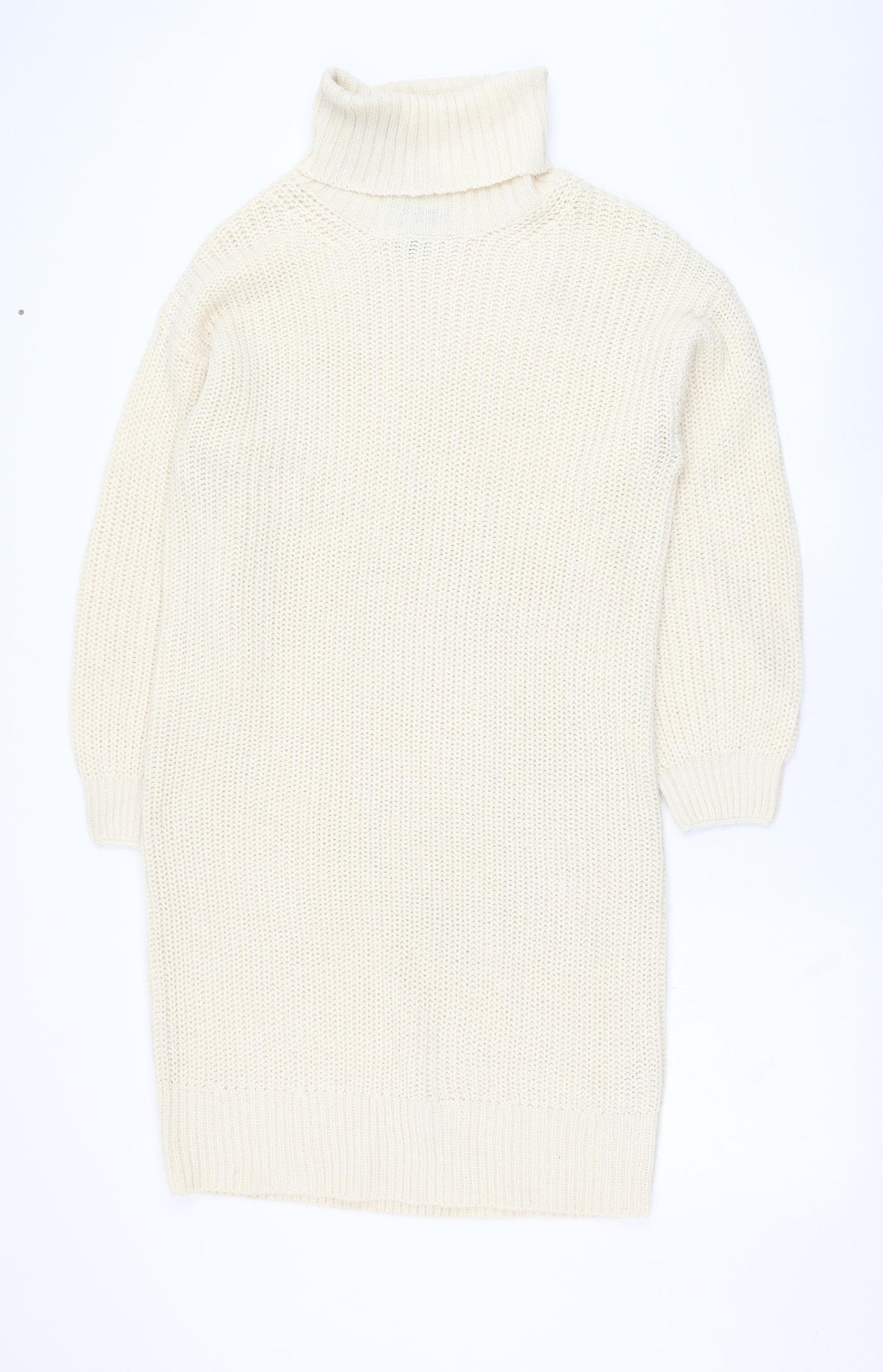 New Look Womens Ivory  Acrylic Jumper Dress  Size M  Roll Neck Pullover