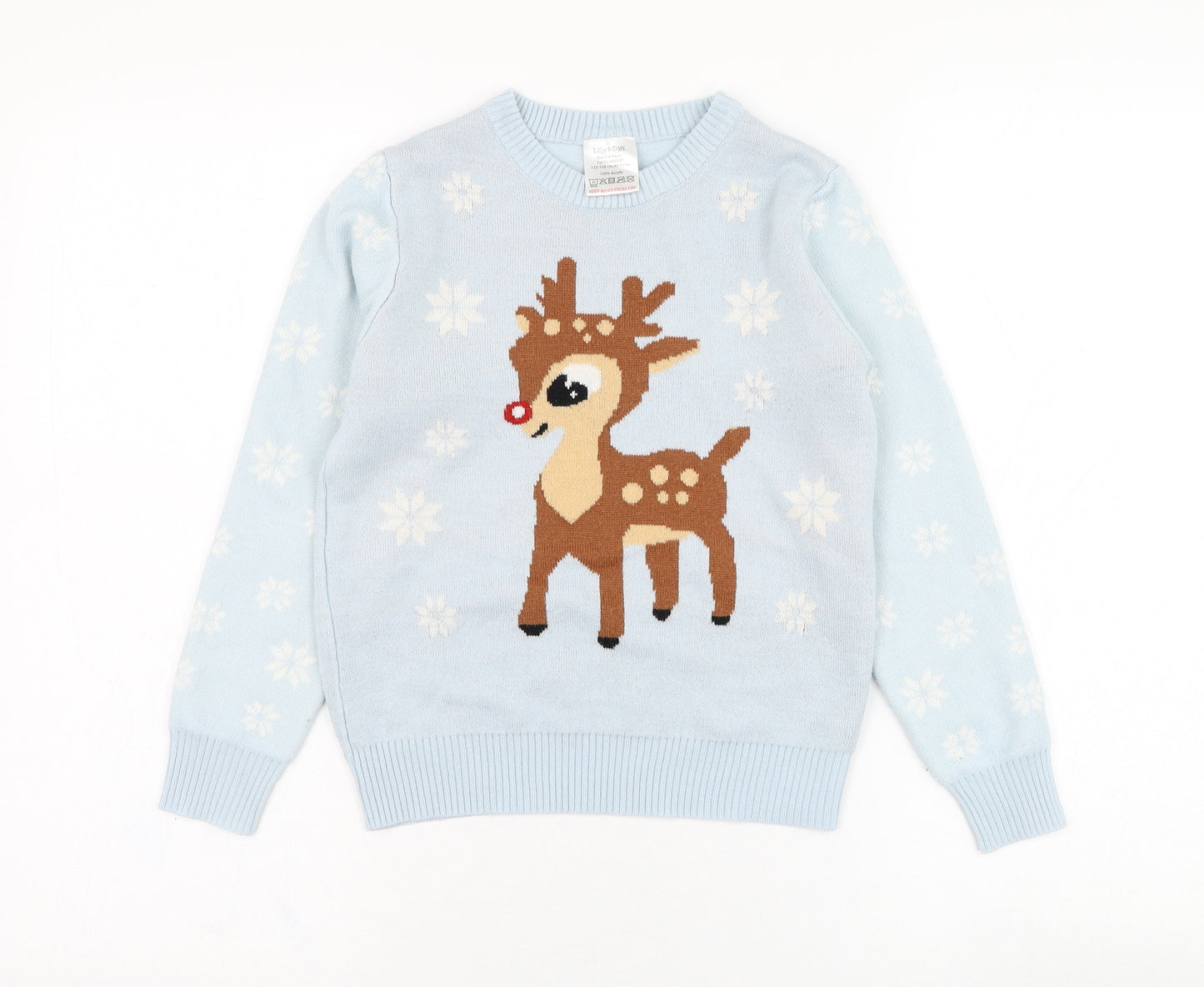 Lily & Dan Girls Blue Round Neck  Acrylic Pullover Jumper Size 7-8 Years  Pullover - Rudolph, Christmas