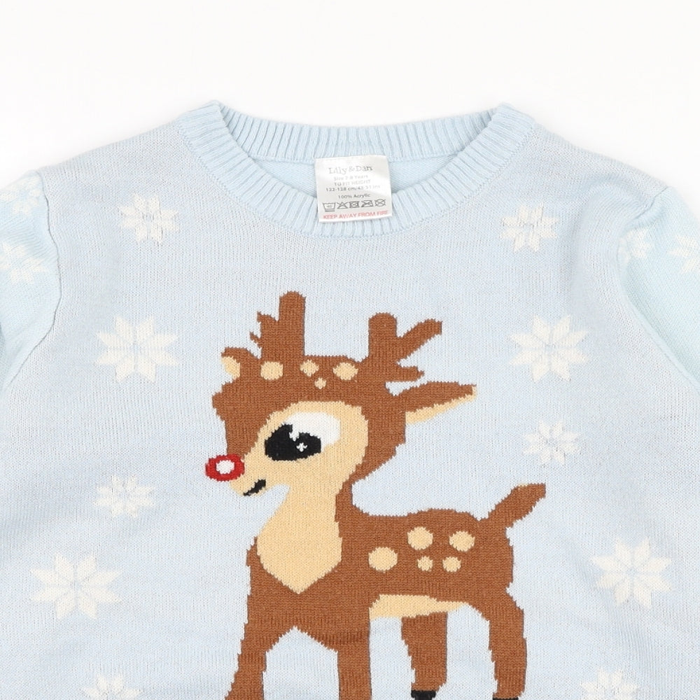 Lily & Dan Girls Blue Round Neck  Acrylic Pullover Jumper Size 7-8 Years  Pullover - Rudolph, Christmas