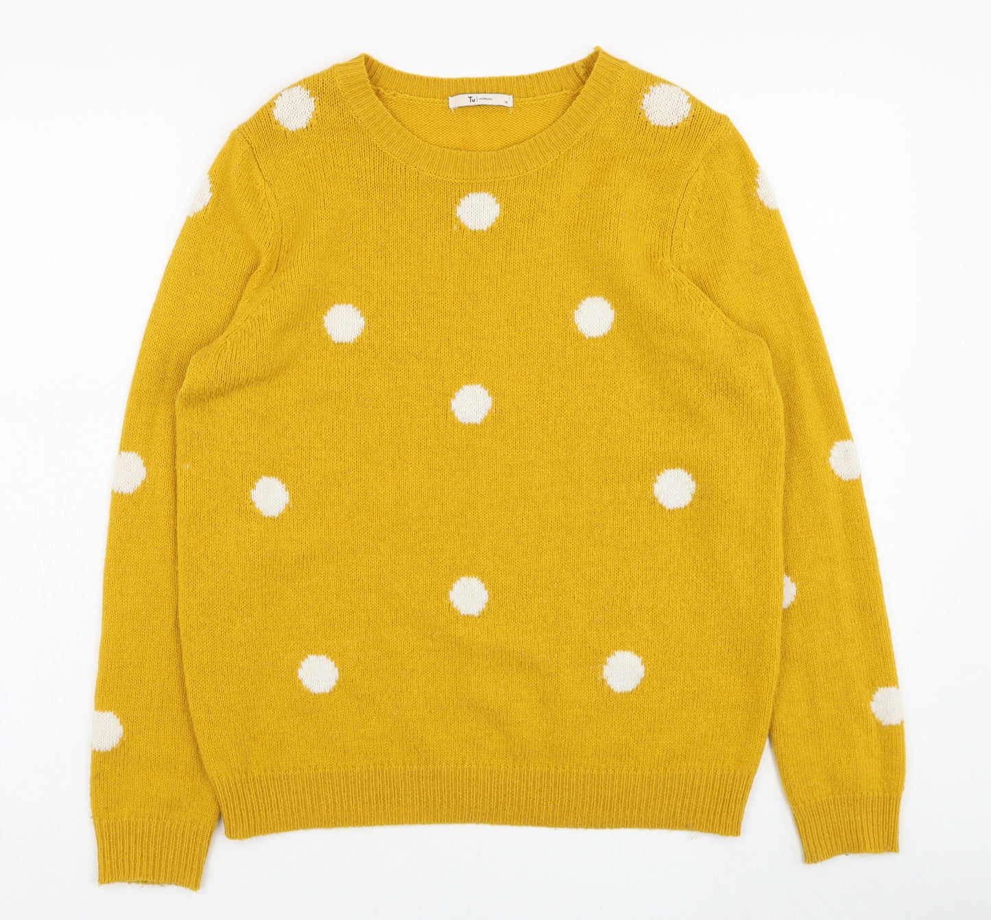 TU Womens Yellow Round Neck Polka Dot Acrylic Pullover Jumper Size 14