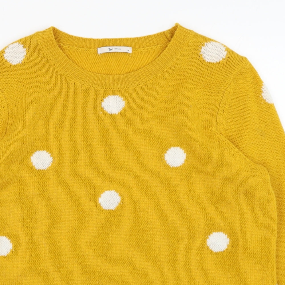 TU Womens Yellow Round Neck Polka Dot Acrylic Pullover Jumper Size 14