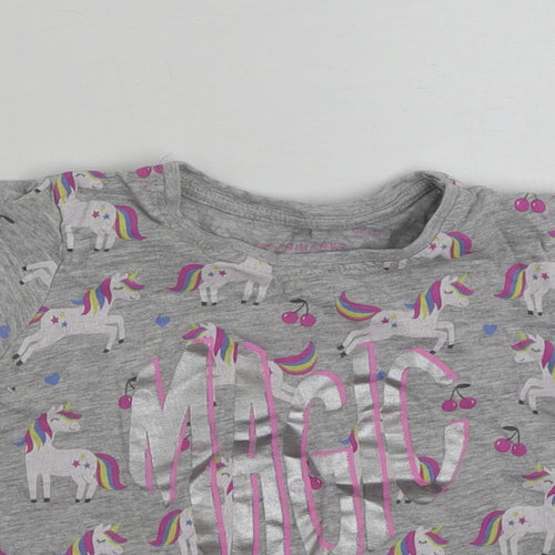 Primark Girls Grey  Cotton Basic T-Shirt Size 5-6 Years Crew Neck Pullover - Unicorn -Magic