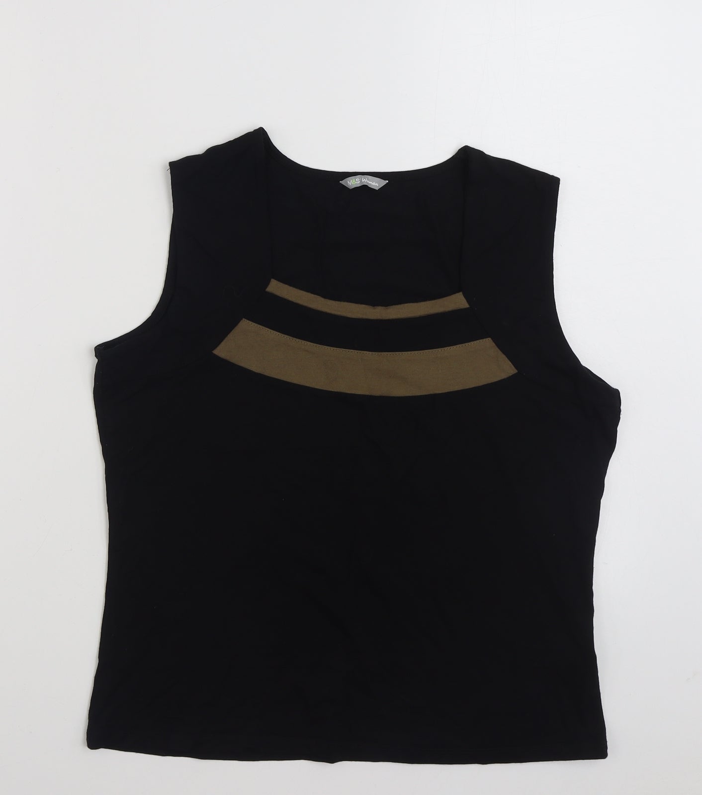 Marks and Spencer Womens Black Striped Viscose Basic T-Shirt Size 16 Square Neck