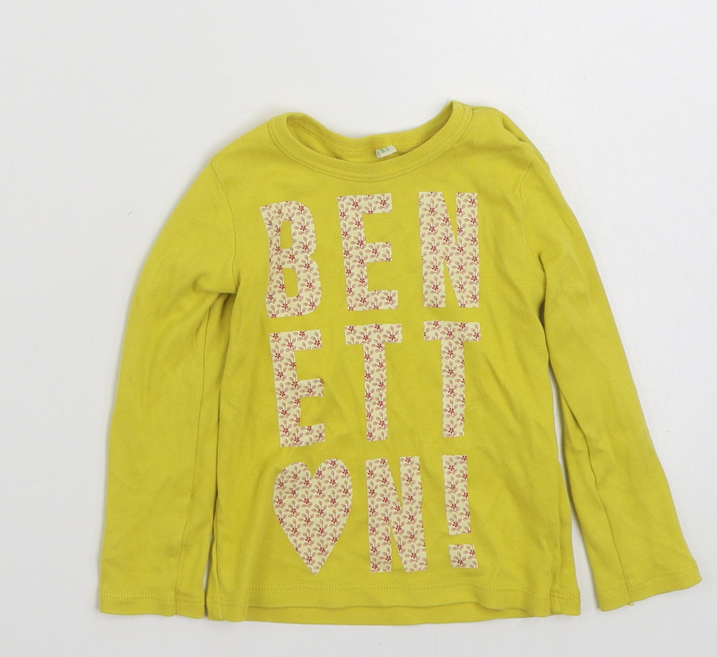 Benetton  Girls Yellow  100% Cotton Basic T-Shirt Size 2 Years Crew Neck Pullover - Benetton!