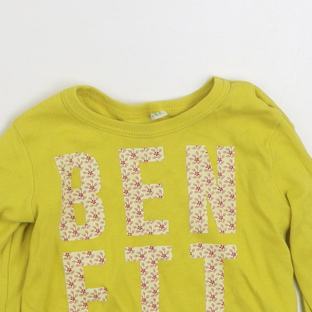 Benetton  Girls Yellow  100% Cotton Basic T-Shirt Size 2 Years Crew Neck Pullover - Benetton!