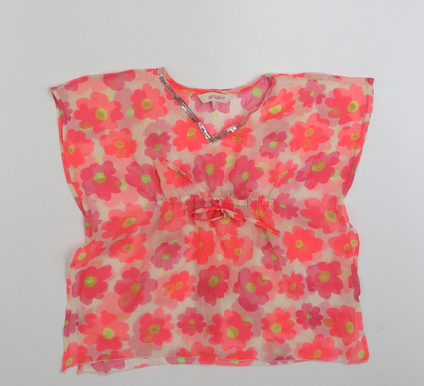 Girl 2 Girl Girls Multicoloured Floral Polyester Kimono Blouse Size 2-3 Years V-Neck Pullover - Tie