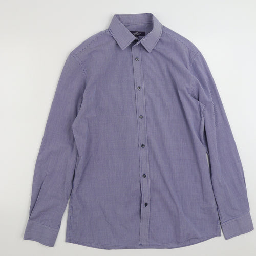 Tailor & Cutter Mens Blue Check Polyester  Button-Up Size 15.5 Collared Button