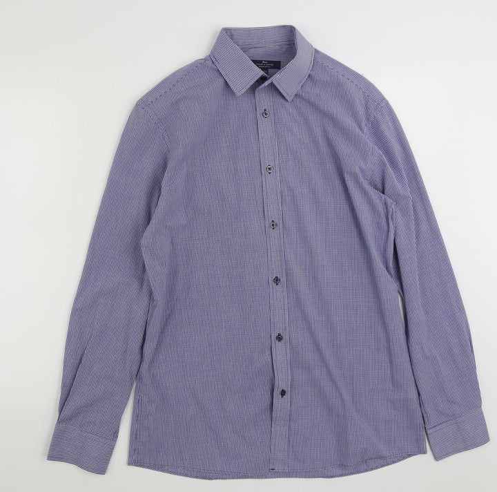Tailor & Cutter Mens Blue Check Polyester  Button-Up Size 15.5 Collared Button