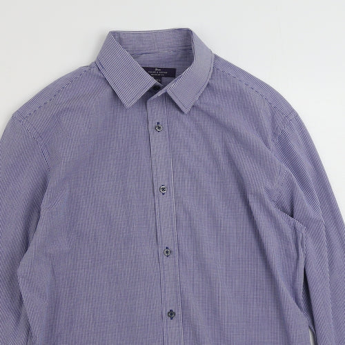 Tailor & Cutter Mens Blue Check Polyester  Button-Up Size 15.5 Collared Button