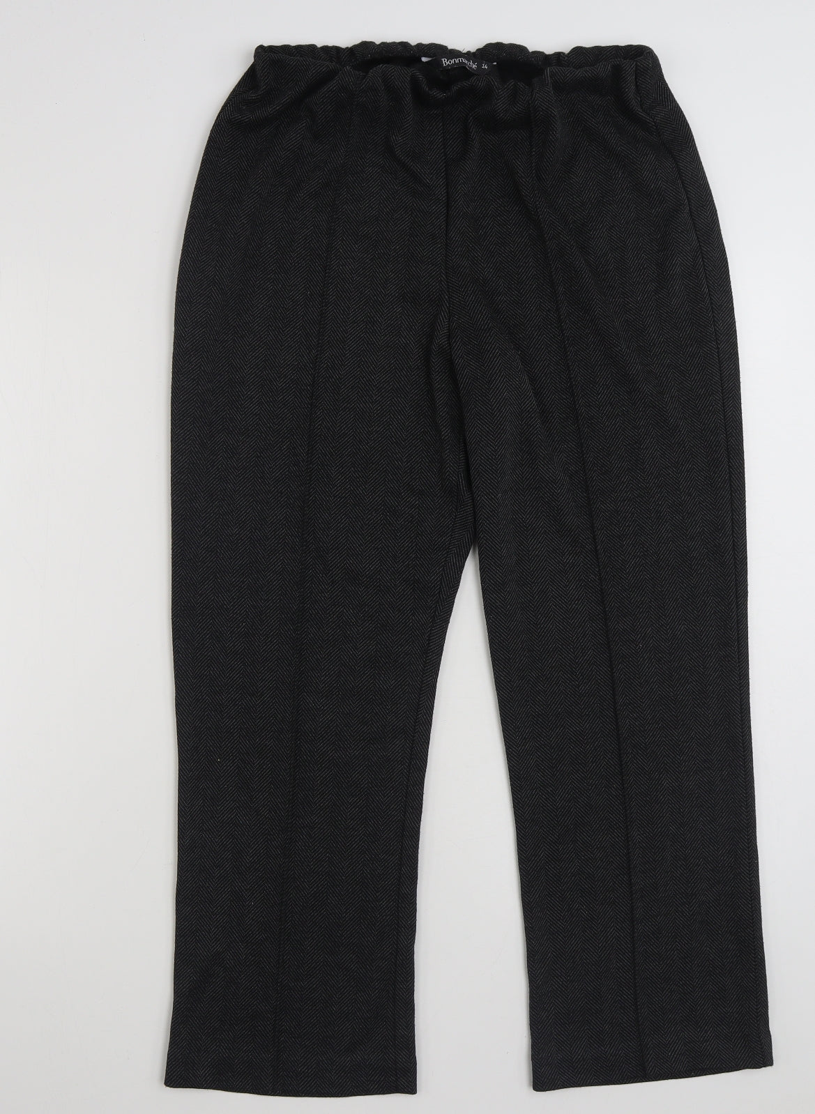 Bonmarché Womens Black Herringbone Polyester Trousers  Size 14 L25 in Regular