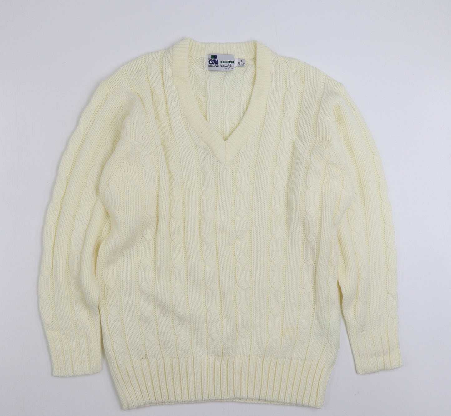GUN&MOORE Mens Ivory V-Neck  Acrylic Pullover Jumper Size L   - Cricket