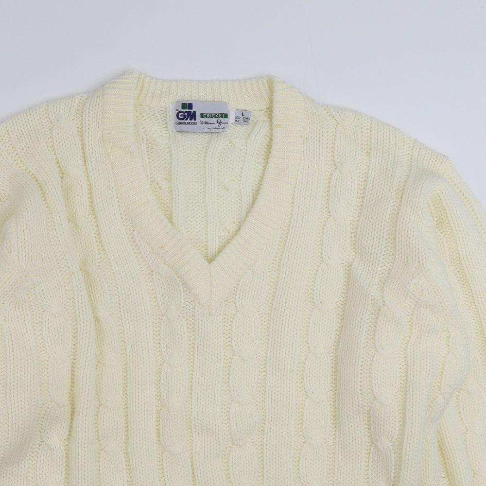 GUN&MOORE Mens Ivory V-Neck  Acrylic Pullover Jumper Size L   - Cricket