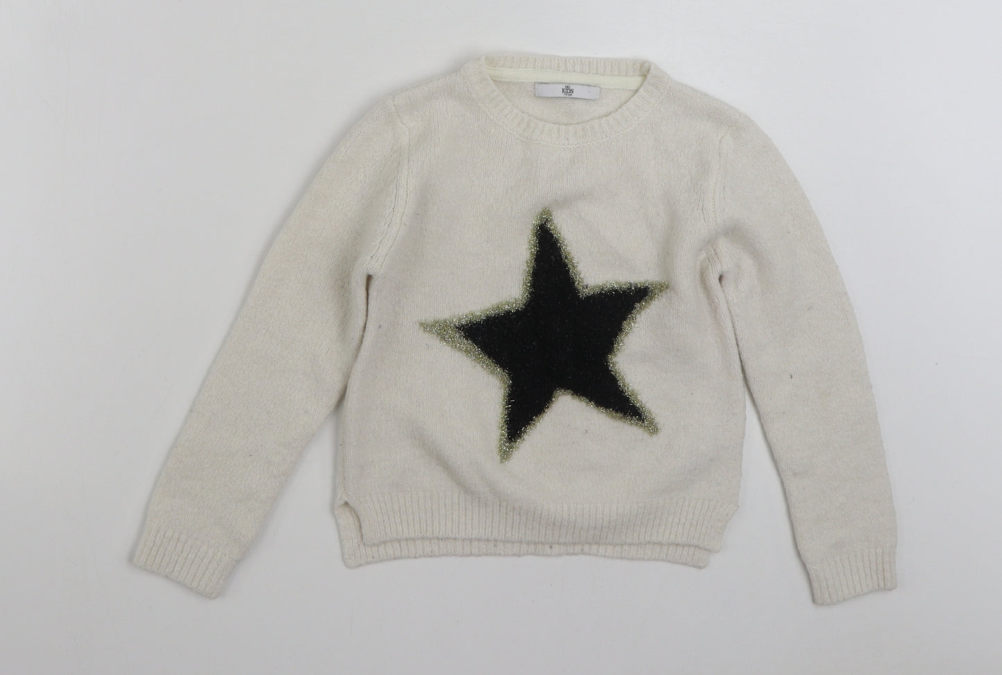 Marks and Spencer Girls White Crew Neck  Acrylic Pullover Jumper Size 7-8 Years  Pullover - Star pattern