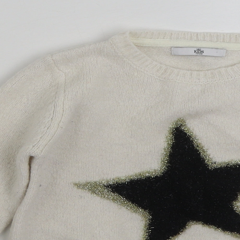 Marks and Spencer Girls White Crew Neck  Acrylic Pullover Jumper Size 7-8 Years  Pullover - Star pattern