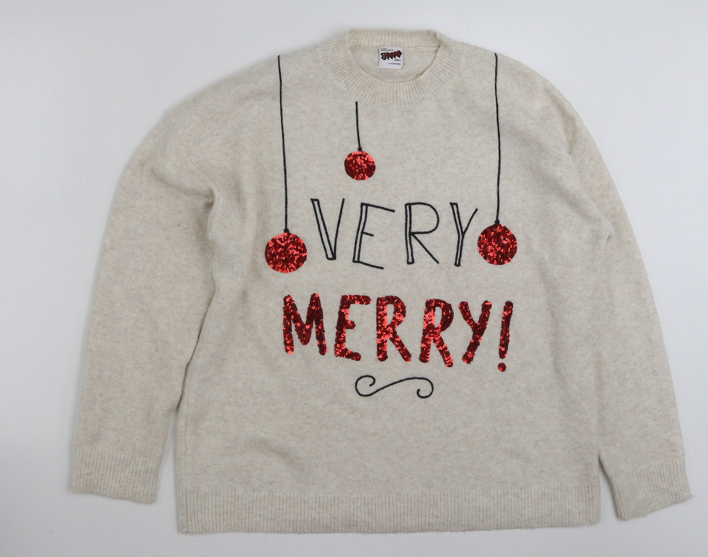 George Womens Beige Crew Neck  Polyester Pullover Jumper Size L   - Christmas