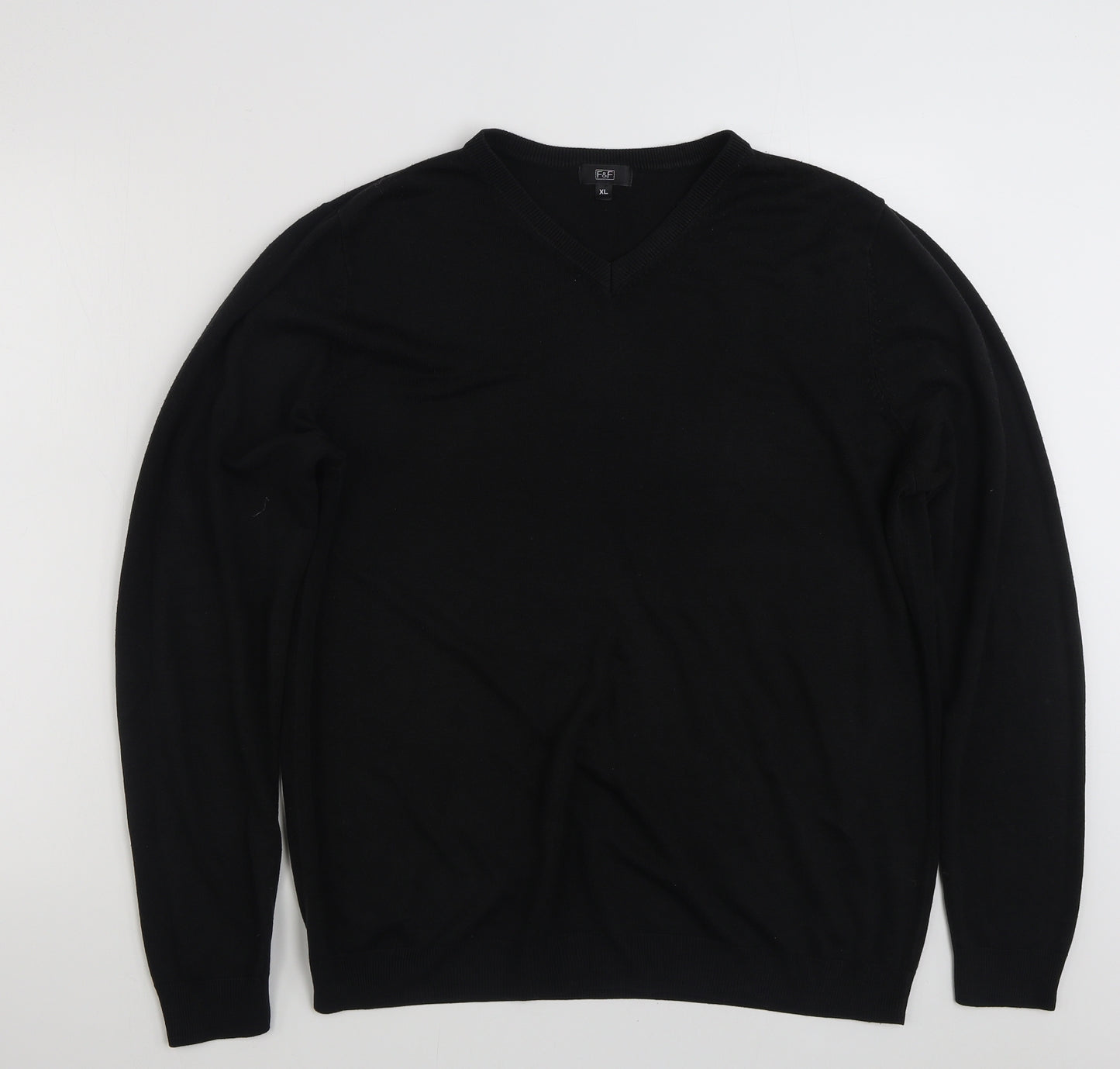 F&F Mens Black V-Neck  Acrylic Pullover Jumper Size XL
