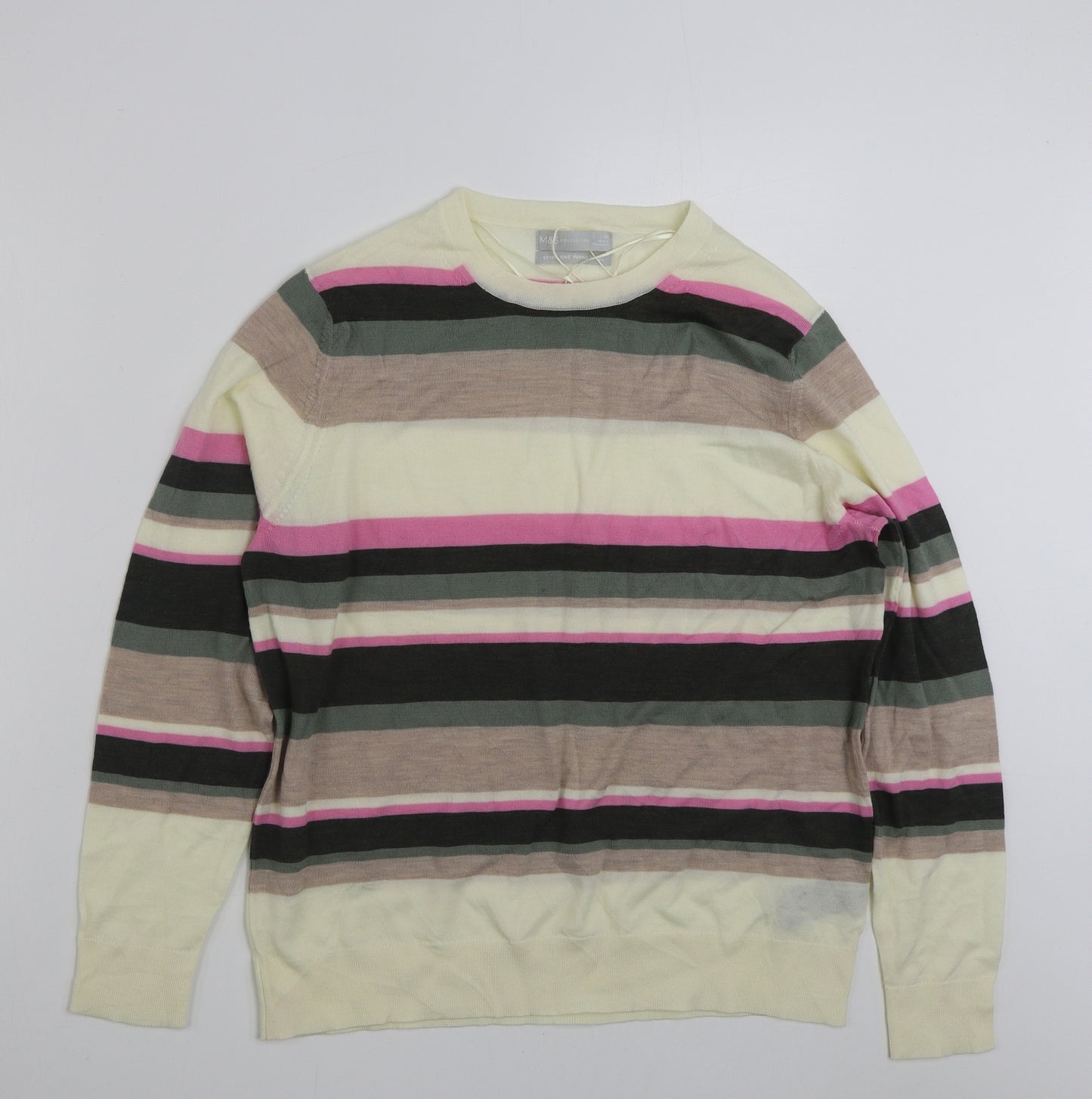 Marks and Spencer Womens Multicoloured Crew Neck Striped 100% Merino Wool Pullover Jumper Size 16