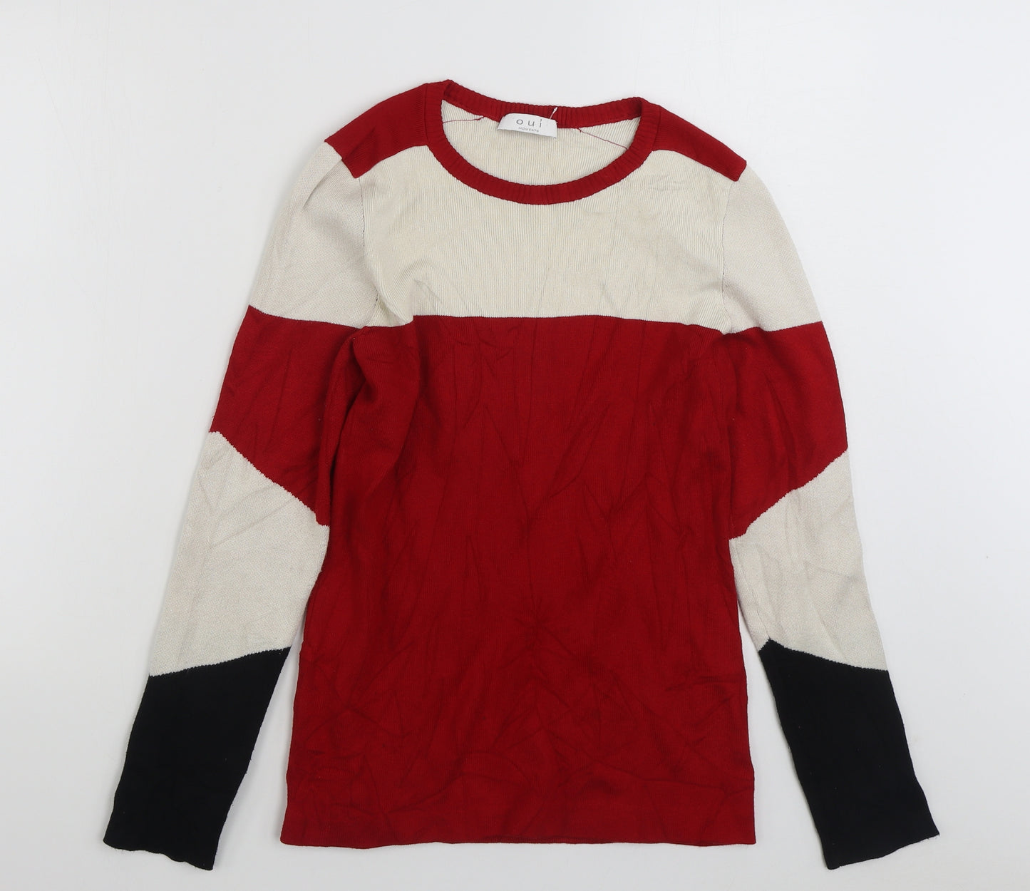 Oui Moments  Womens Red Crew Neck Striped Acrylic Pullover Jumper Size M