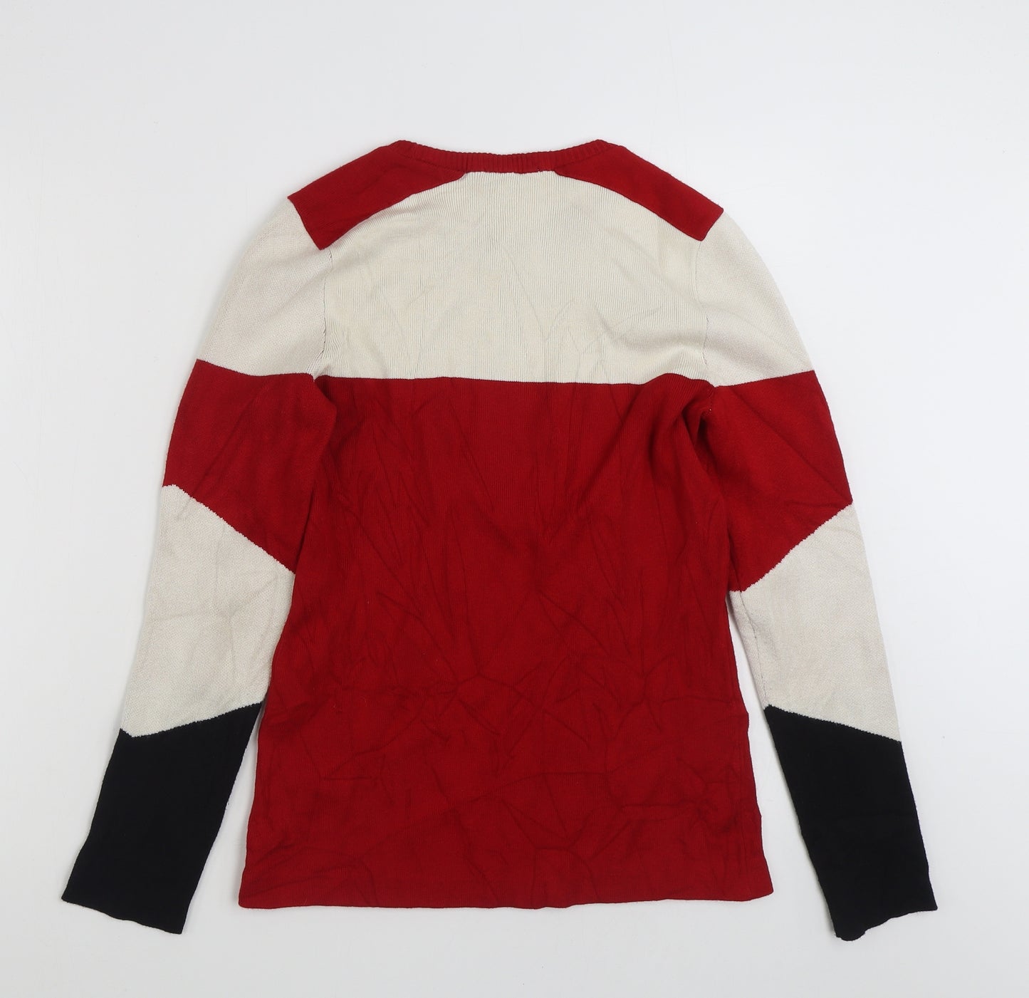 Oui Moments  Womens Red Crew Neck Striped Acrylic Pullover Jumper Size M