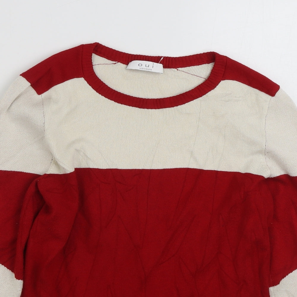 Oui Moments  Womens Red Crew Neck Striped Acrylic Pullover Jumper Size M