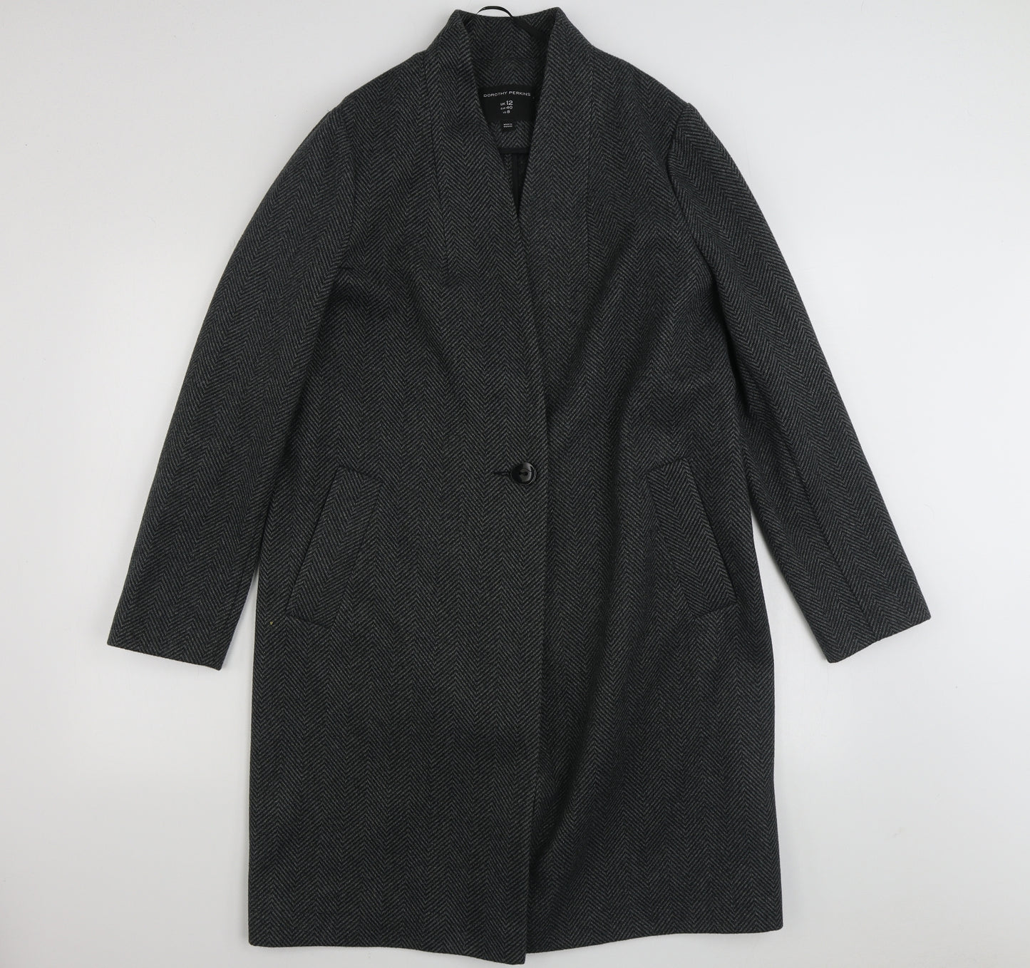 Dorothy Perkins Womens Grey Herringbone  Overcoat Coat Size 12  Button