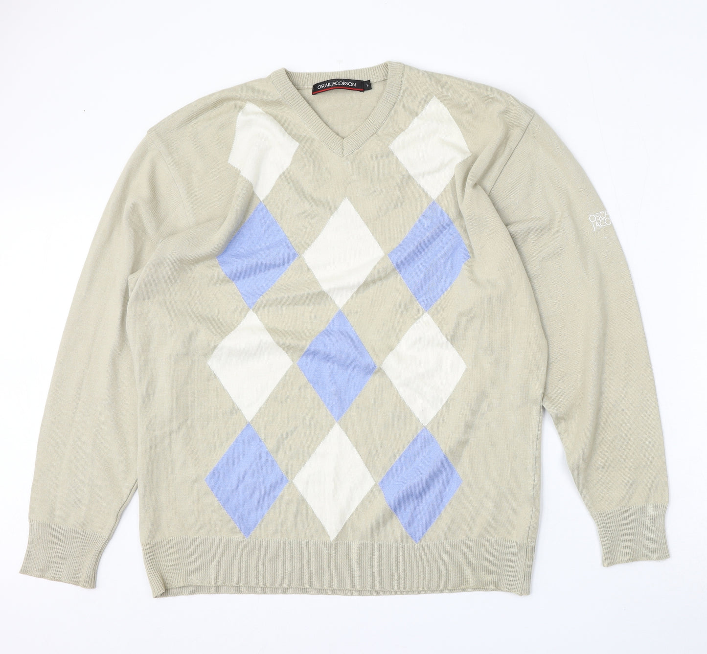 Oscar Jacobson Mens Beige V-Neck Argyle/Diamond Cotton Pullover Jumper Size L