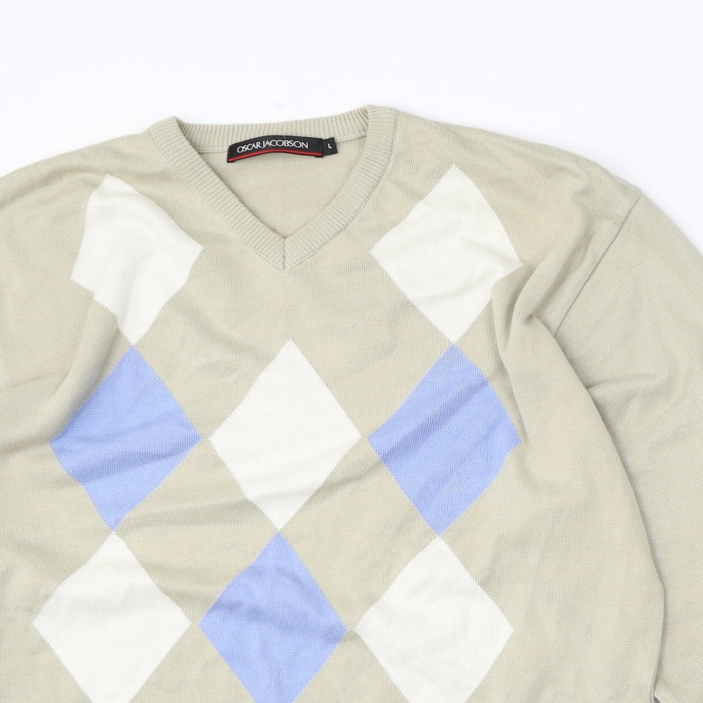 Oscar Jacobson Mens Beige V-Neck Argyle/Diamond Cotton Pullover Jumper Size L