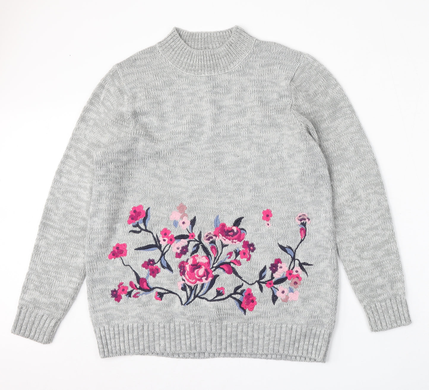 Cotton Traders Womens Grey Round Neck Floral Acrylic Pullover Jumper Size 12