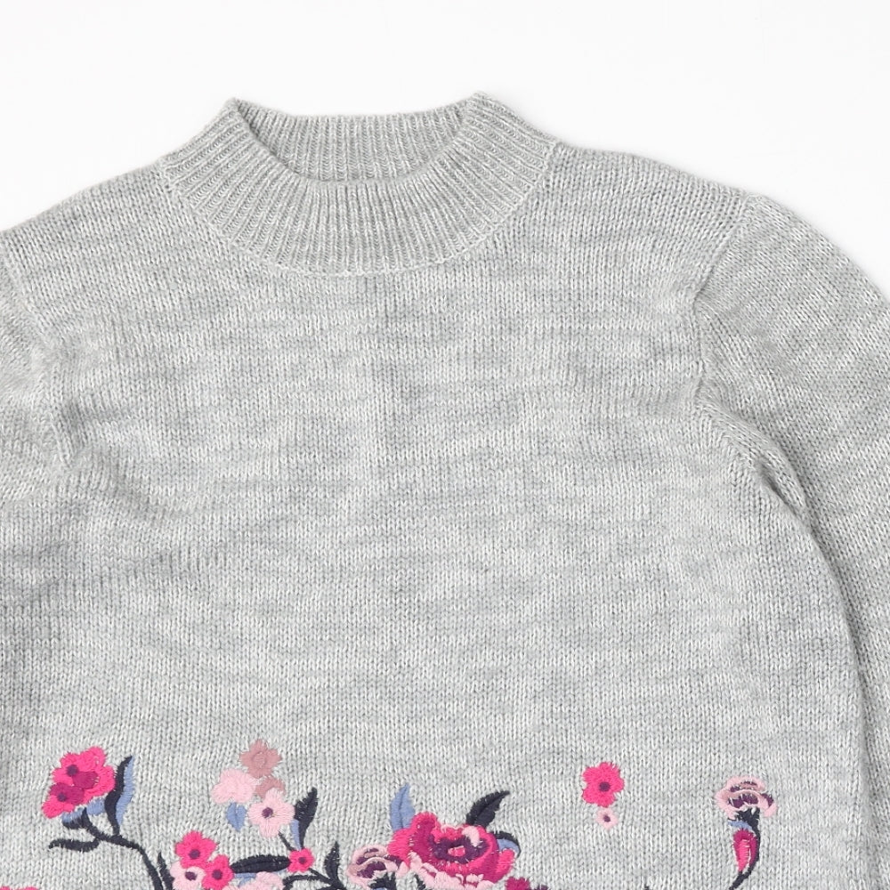 Cotton Traders Womens Grey Round Neck Floral Acrylic Pullover Jumper Size 12