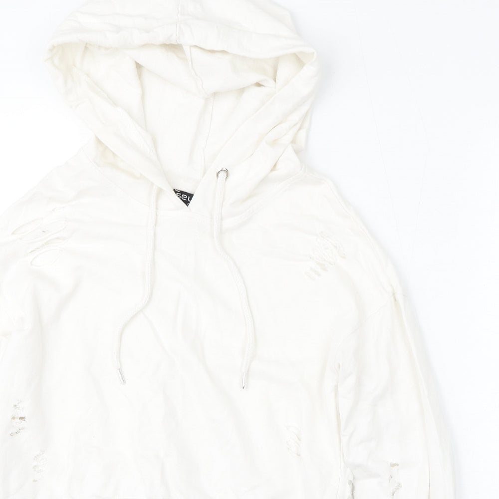 Select Womens White  Cotton Pullover Hoodie Size 6  Tie - Distressed
