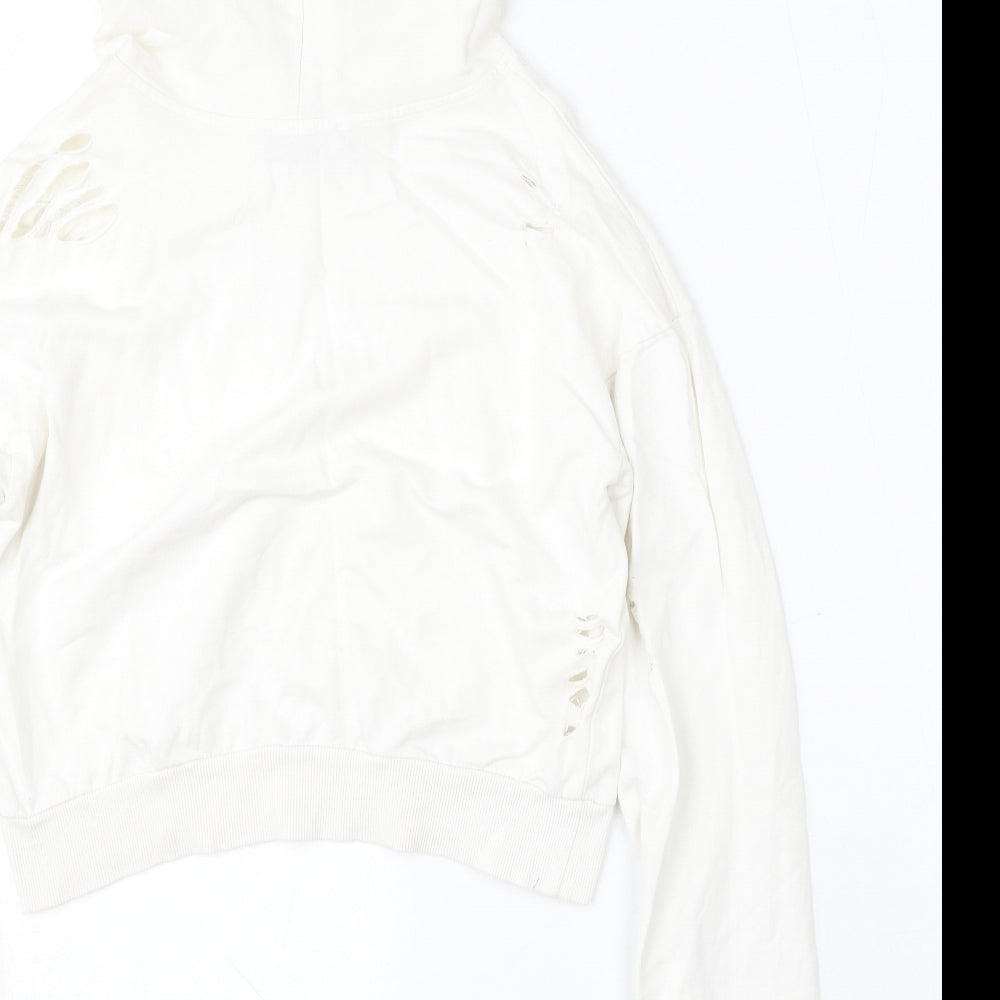 Select Womens White  Cotton Pullover Hoodie Size 6  Tie - Distressed
