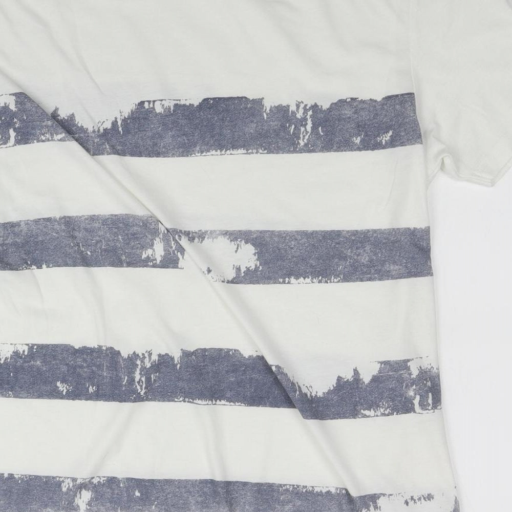 Matalan Mens White Striped Cotton  T-Shirt Size L Round Neck