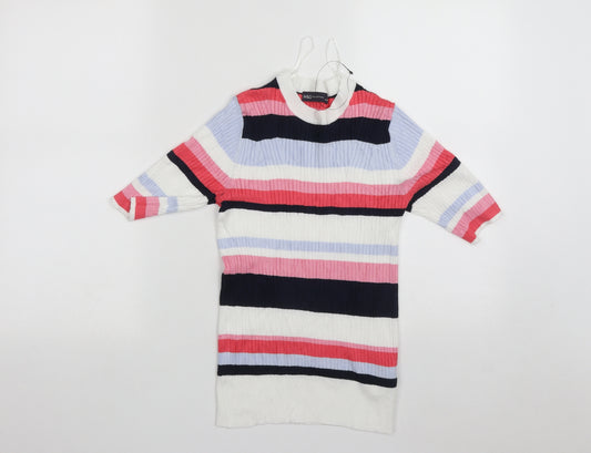 Front view of Marks & Spencer women’s multicoloured round neck striped viscose jumper, size UK 8