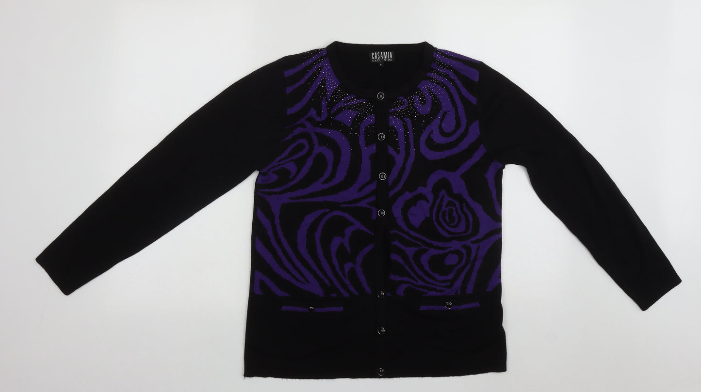 Cashmia Womens Black Round Neck Geometric Acrylic Cardigan Jumper Size S