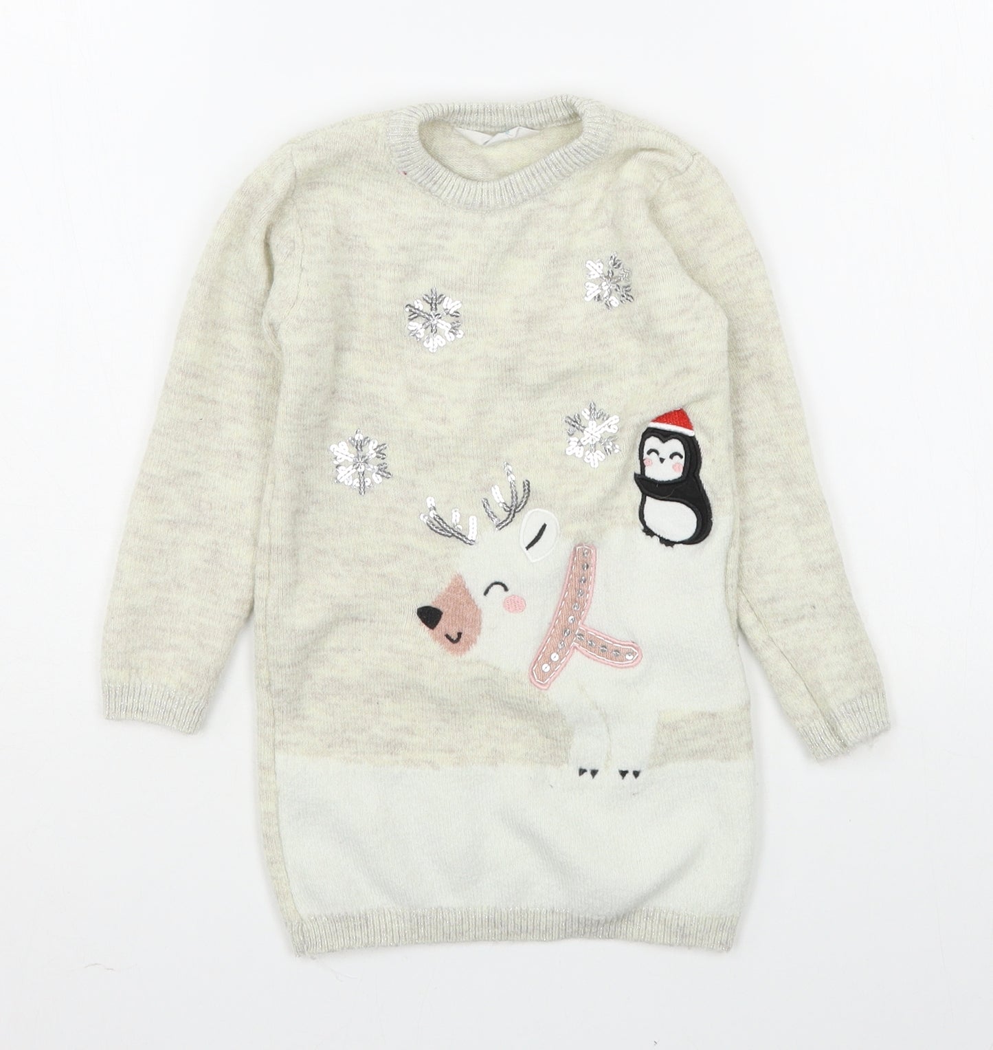 Primark Girls Beige  Polyester Jumper Dress  Size 4-5 Years  Round Neck Pullover - Christmas