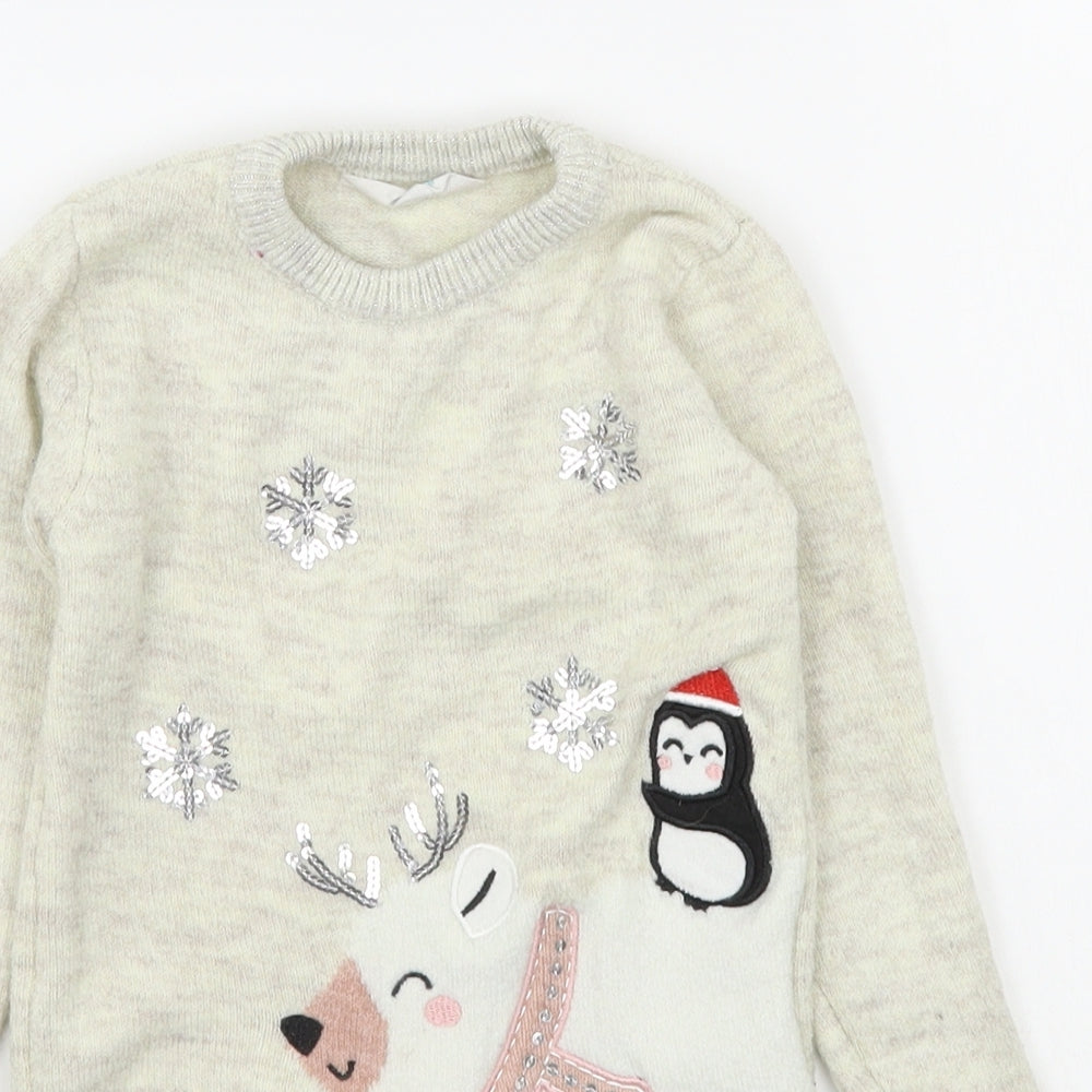 Primark Girls Beige  Polyester Jumper Dress  Size 4-5 Years  Round Neck Pullover - Christmas